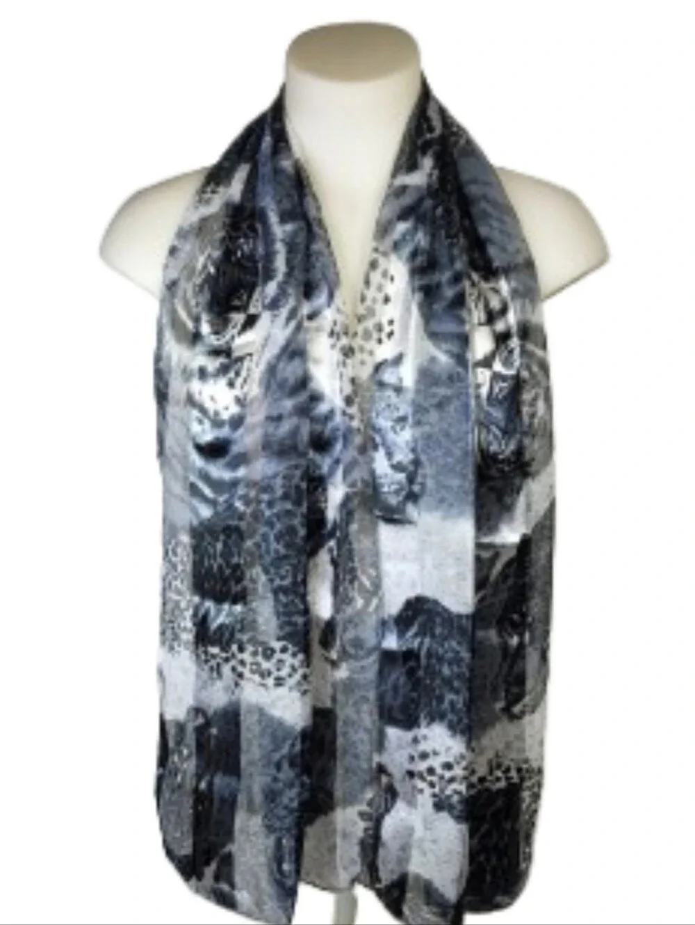 Silk Feel Sheer Black and White Animal Print Lightweight Scarf 13